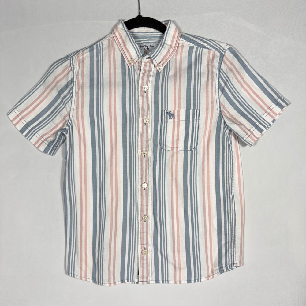 Abercrombie Kids Boys Striped Short Sleeve Button Down Shirt Blue Pink White 7/8